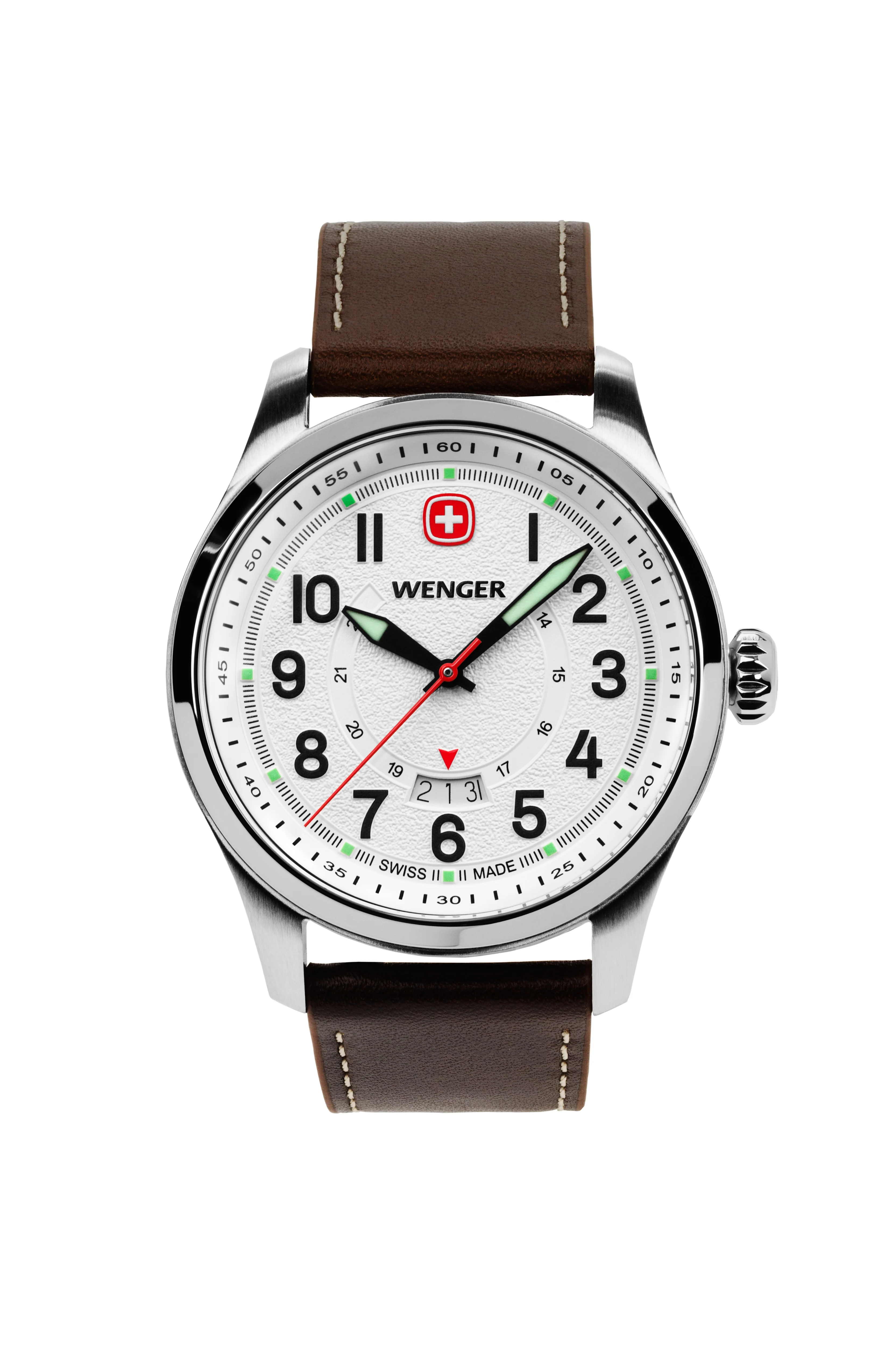 Wenger Terragraph Swiss Watch in Stainless Steel with White Dial and Dark Brown Leather Strap - Image 4